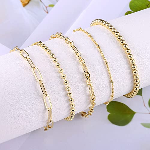 14K Gold Chai14K Gold Chain Bracelets Set for Women, Dainty Paperclip Link Bead Stackable Layered Bracelets Metal Fashion Jewelry3