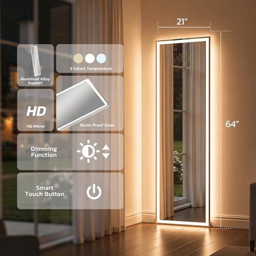 Image of 64 inchx21 inch Full Length Mirror with LED Lights, Mirrors with Dimming & 3 Color, Full Body Mirrors with Aluminum Alloy Thin Frame for Bedroom, Dressing Room