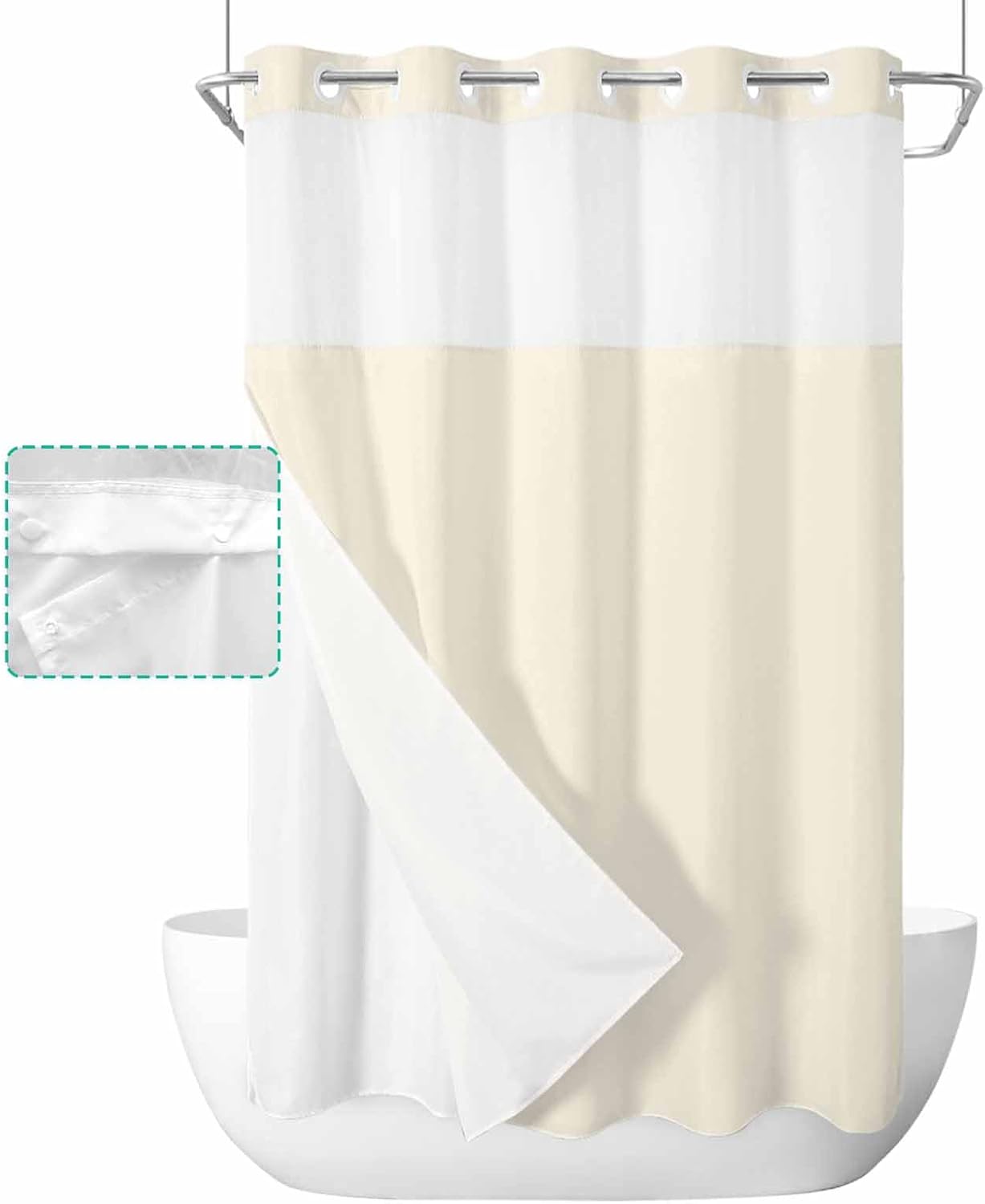 Cream No Hook Shower Curtain Waterproof, Bathroom Curtains with Snap in Liners and See Through Top Window, Hotel Style Bathtub Curtains Shower 54"Wx78"L Solid Color Pure Minimalism Contemporary Art