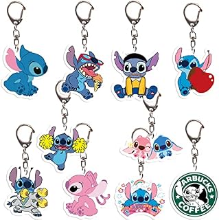 Stitch Acrylic Keychain - 10 PCS Lilo and Stitch Cartoon Character Keychain Action Figure with Metal Link Stitch Double Sided Clear Acrylic Keychain Mini Anime Figure Backpack Pendant Kids Gifts