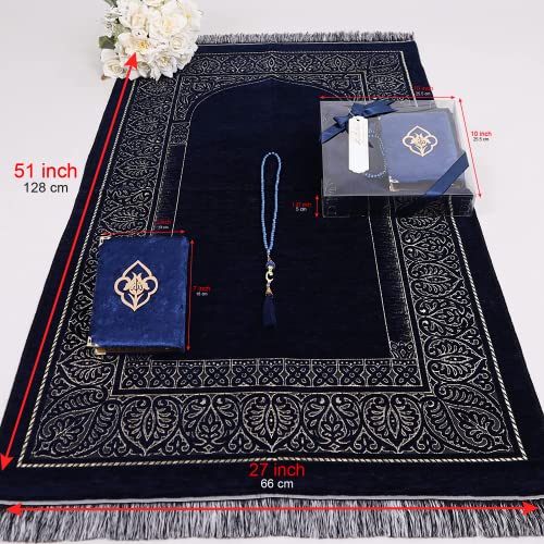 IEF Muslim Prayer Rug - Islamic Prayer Mat, Velvet, Arabic Quran Pearl Tasbeeh, Ramadan & Eid Gifts, Birthday Gifts for Men