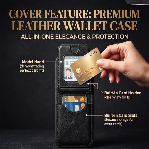 Image of amazon basics Premium Vegan Leather Back Cover with Card Holder and Integrated Mobile Stand for iPhone 16 - Slim Shockproof Wallet Case with Geometric Stitching [Black]