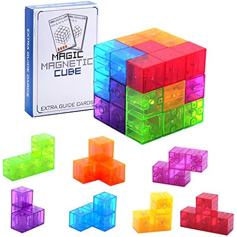 WorWoder Kids Magnetic Building Blocks Magic Magnetic 3D Puzzle Cubes, Set of 7 Multi Shapes Magnetic Blocks with 54 Guide Cards, Intelligence Developing and Stress Relief Fidget Toys for Kids Cover