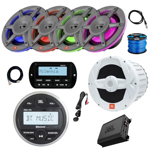 Image of JBL PRV-175 Marine Gauge Hole Mount USB Bluetooth AM /FM Receiver, Remote, Extension Cable, Amplifier, Wire, USB Adapter, Antenna, 10 inch Subwoofer, 4X 6.5 225W Multicolor LED Boat Speakers (Black)