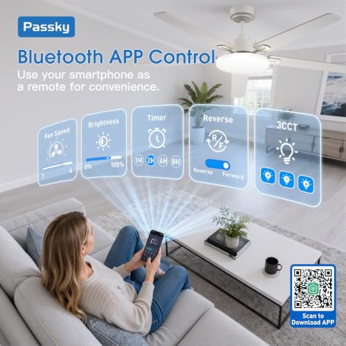 Image of Passky 60 Inch White Sleek Ceiling Fans with Lights, Remote Control | 3-color dimmable light, quiet reversible DC motor, easy install, memory, Timer, APP, bedroom, covered outdoor areas