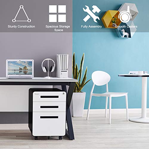 Bonnlo 23.8" H 3 Drawer Rolling File Cabinet With Lock, Black & White File Cabinet For Home Office, Mobile Under Desk File Cabinet With Pencil Tray, Metal Filing Cabinet Printer Stand Fully Assembled #TOP1