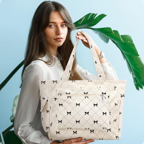 Image of Bow Tote Bag for Women Large Capacity Shoulder Bag with Pockets and Zipper Cute Coquette Bow Handbag for Work Travel Gym