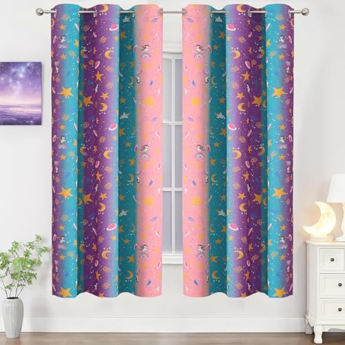 Image of Pink Purple Teal Unicorn Blackout Curtains 72 Inch Length for Kids Bedroom | Estelar Textiler Rainbow Printed Room Darkening Grommet Drapes,Star Moon Curtains for Girls Room Nursery,38Wx72L,2 Panels