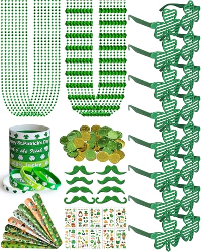 Xunqee 188 Pcs St. Patricks Day Accessories Party Favor Set St Patricks Day Decorations Kit for Kids Adults Shamrock Glasses Necklaces Bracelets Green Beards Coins Snap Bracelets Tattoo Stickers