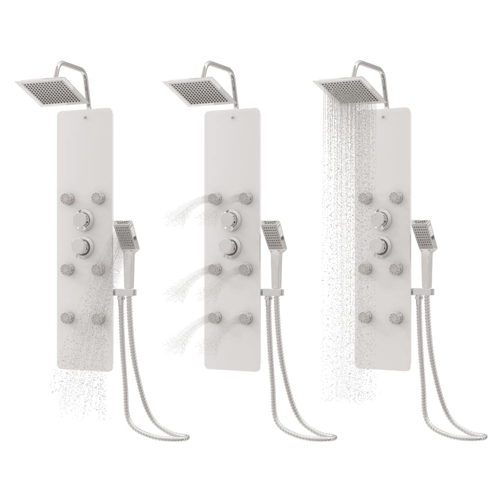 Pannello doccia in vetro bianco, 25 x 47,5 x 130 cm, con doccia a pioggia, getti massaggianti, doccetta a mano in acciaio inox, per bagno, benessere, relax e facile retrofit