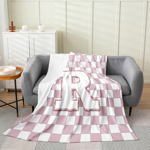 Image of Erosebridal Pink Initial R Fuzzy Plush Throw Kawaii Plaid Checkered Fleece Blanket Cute Personalized Monogram Flannel Blanket for Kids Girls,Fashion Grids Gingham Decor for Bed Couch Throw 50 inchx60 inch