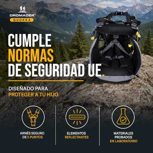 Miniatura 8 de Dromader Mochila Portabebe Montaña - Portabebes Senderismo Hasta 22kg Con Protector Solar, Protector De Lluvia, Bolsillo Térmico Y Cambiador - Estructura Plegable Con Una Mano Negro Y Amarillo