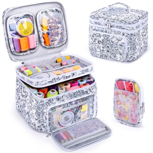 AMOIGEE Double-Layer Sewing Organizer Storage Bag with 2 Detachable Pouches, Large Quilted Sewing Basket for Supplies & Tools, Portable Travel Sewing Kit Case, Gift for Mom(Bag ONLY)