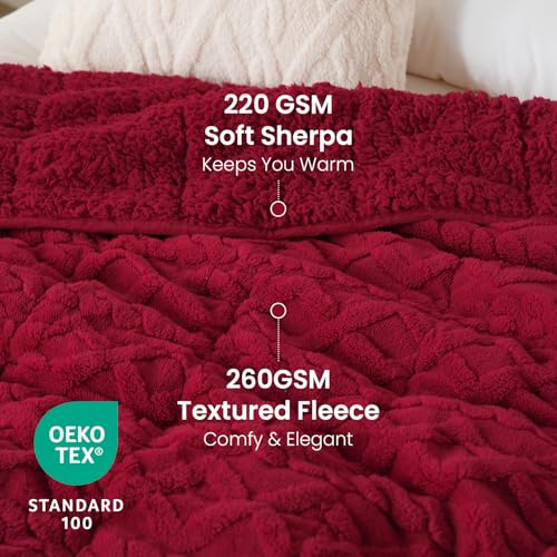Image of 15 lbs Weighted Blanket for Adults, Dual Sided Soft Fuzzy Sherpa Weighted Blankets Full Size with Jacquard Pattern, Cozy Winter Weighted Blanket for Sofa Bed, Ceramic Beads, 48 x 72 inches, Red