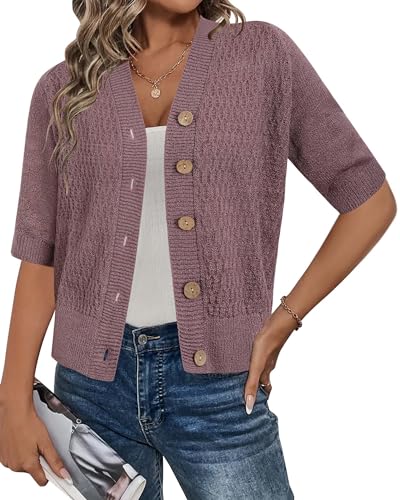 Arach&Cloz Strickjacken für Damen Sommer Kurz Cardigan V-Ausschnitt Knopfleiste Open Front Sweater Top (Grau Lila,L)