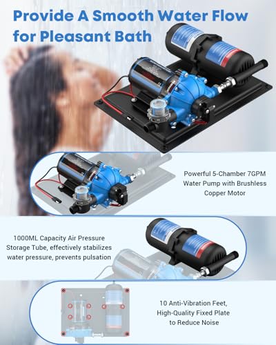 Image of Kohree RV Water Pump 12V DC 7GPM 70PSI and 1L 125PSI Pre-Pressurized Accumulator Tank, Quiet RV Water Pump and Accumulator Tank System for RV Camping, Boat, Kitchen, Bathroom