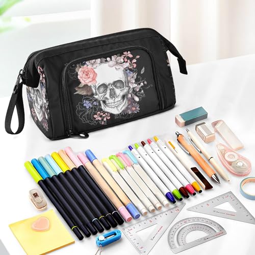 Image of Fisyme Flower Skull Pencil Case Large Capacity Pencil Pouch Pen Bags Box Big Makeup Pencil Case Organizer