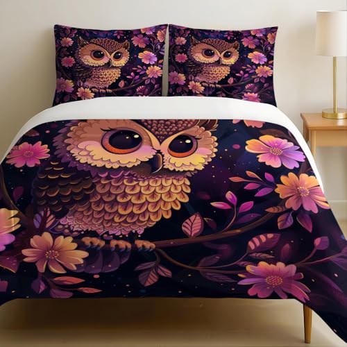 Housse de Couette 140 x 200 cm Hibou dans Le Parterre de Fleurs Parure de Lit 3 Pièces Rose Set Housse de Couette avec Fermeture Éclair