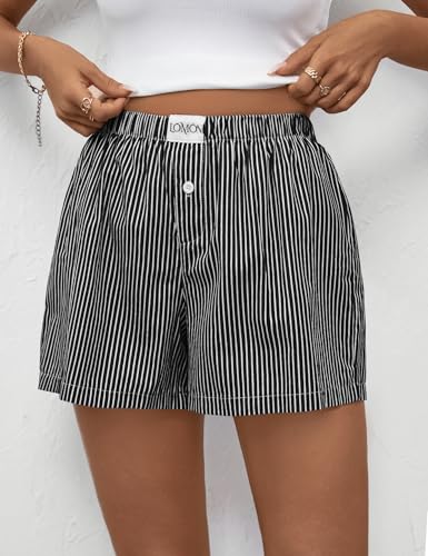 Image of LOMON Boxer Shorts for Women Summer Gingham Pajamas 2026 Lounge Sleep Pj Plaid Shorts Y2K Beach Bottoms with Pockets