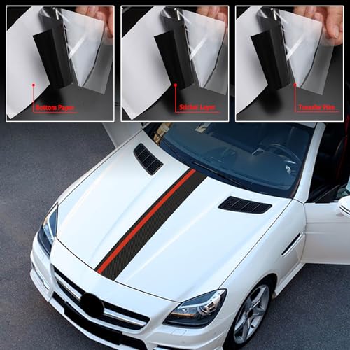 Image of TOMALL 55''x7'' Car Hood Sticker Auto Racing Body Side Skirt Roof Hood Bumper Stripe Decal Carbon Fiber Vinyl Modified Stripe Decal Decorations for Car (Carbon Fiber+Red)