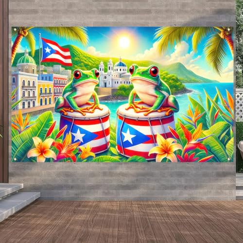 Image of BlissYard Puerto Rico Banner 71 x 43 Inches Tropical Frog Drum Flag Backdrop Puerto Rican Culture Caribbean Festival Party Decoration Wall Hanging for Fiesta Parade Home Outdoor Decor