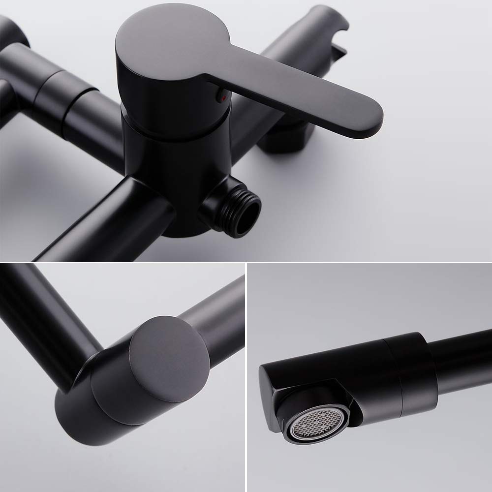 Grifo de fregadero de cocina negro con rociador, moderno grifo retráctil de montaje en pared con brazo oscilante en latón macizo negro mate