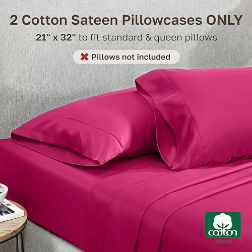 Image of California Design Den Standard /Queen Size Pillow Cases Set of 2-400 Thread Count Sateen, Natural 100% Cotton Pillow Cases Standard Size, Soft, Roomy and Breathable - Hot Pink