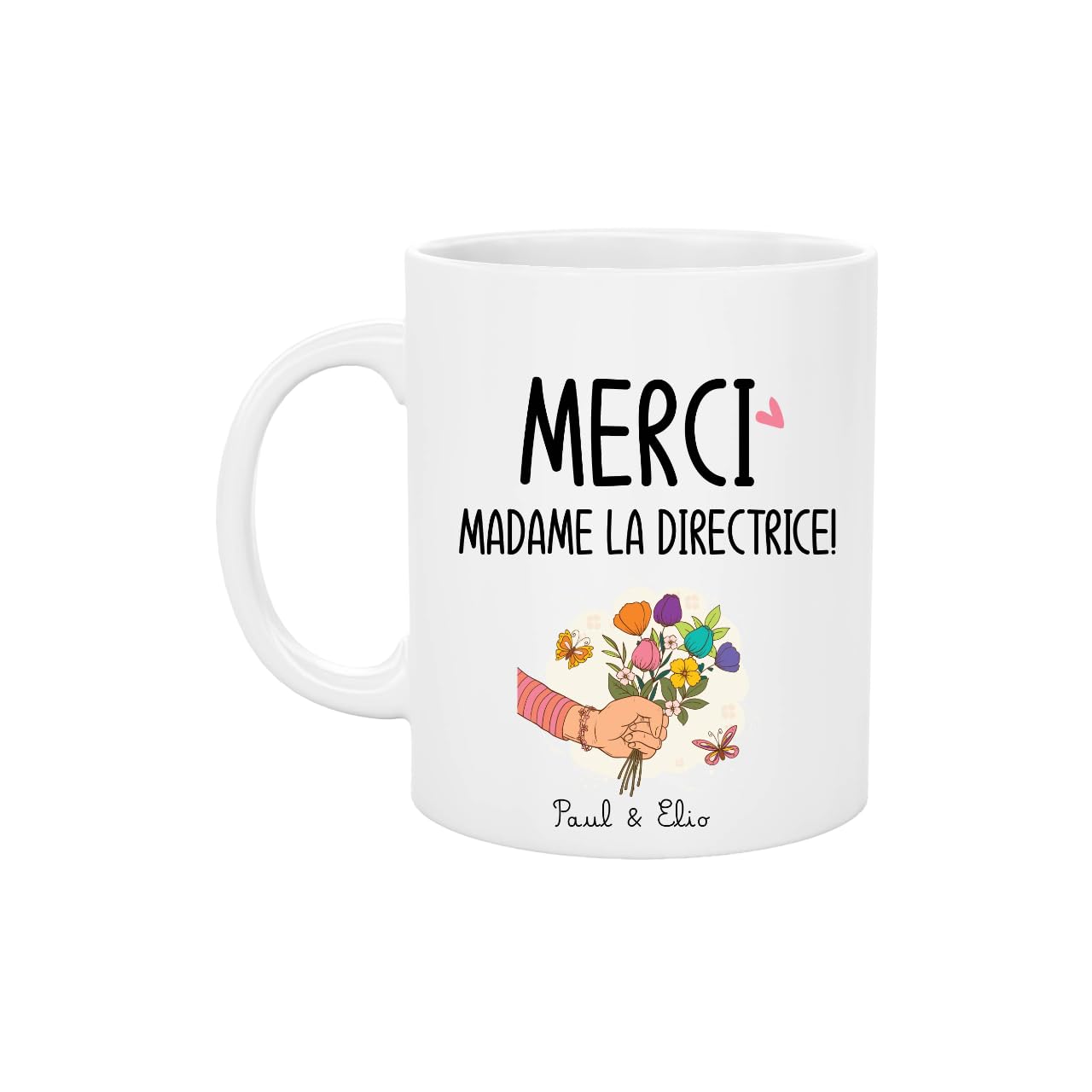 Mug Céramique Merci Madame la Directrice – Personnalisé avec Prénom(s) Enfant(s) – Illustration Main et Bouquet de Fleurs – 330 ml – Cadeau Fin d’Année Scolaire