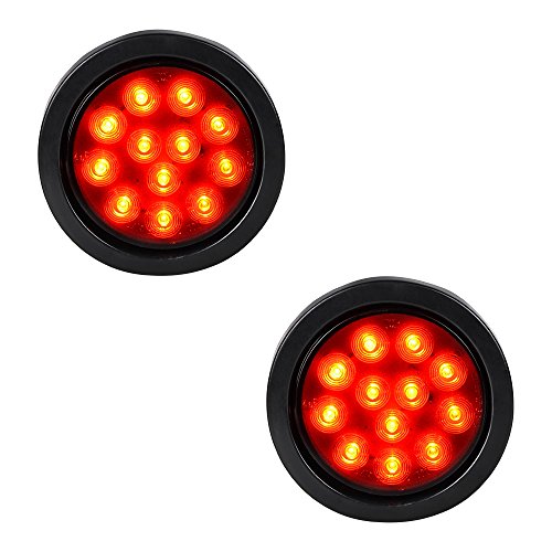 AMOPACORP 1 Pair Smoke Lens 12-LED Round 4\" Red Stop Brake Lamp Trailer Tail Lights Grommet Plug for 12V Vehicles RV Van Truck UTV SUV ATV