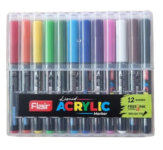 Image of FLAIR Liquid Acrylic Marker 12 Assorted Shades With Brush Tip, High & Rich Pigmented Colours| True Opaque, Bold & Broad Strokes, Multi-Surface Use| For Abstract, Pop & Graphic Design Art