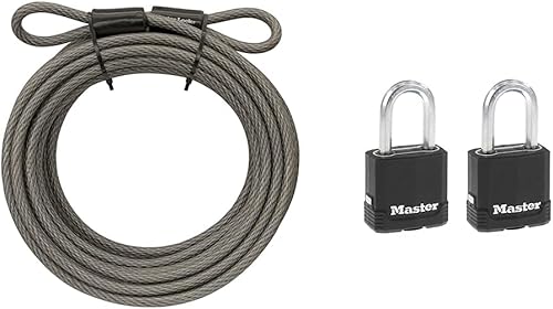 Master Lock Cable de bloqueo de bicicleta de acero (30 pies) y candado Magnum resistente para exteriores con llave (paquete de 2 unidades, con