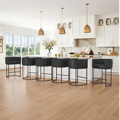 Image of LUE BONA Counter Height Bar Stools Set of 6, Modern Barrel Counter Stools with Backrest and Arms, Black Metal Frames, Faux Leather Upholstered Accent Barstools for Kitchen Island, Black