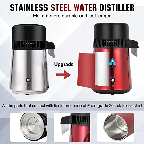 DC HOUSE Upgrade 1 Gallon Water Distiller, 4L Stainless Steel Home Countertop Drinking Pure Water Distiller Machine with On Off Switch, Glass Container