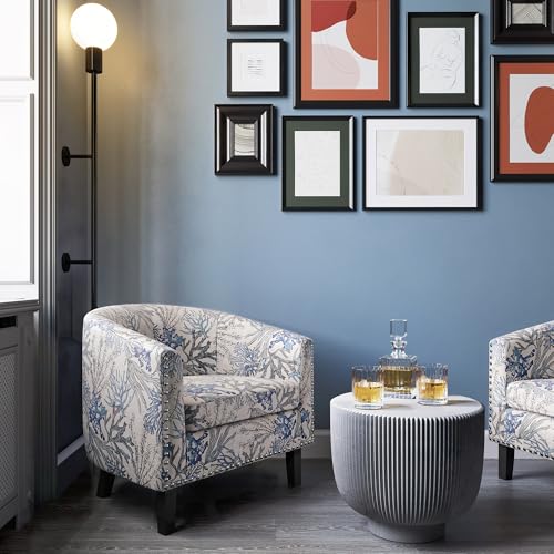 Image of BELLEZE Accent Barrel Chair, Set of 2 Modern Faux Leather Tub Club Chair Upholstered Armchair with Gold Nail Head Trim and Black Legs for Living Room Bedroom Apartment Lounge - Blue Coral