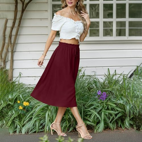 Women's Summer Casual Skirt Drawstring Elastic High Waisted Dress Ruffle Trendy Lightweight Flowy Beach Midi Skirts3