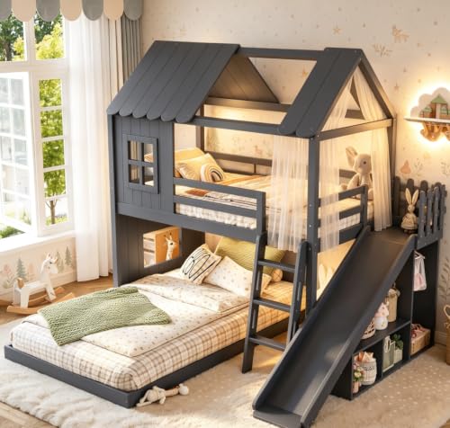 Image of Bellemave Bunk beds Twin Over Full with Slide,Ladders,Bookshelf and Wardrobe House roof Design, Low bunk /loft Bed for Kids,Blue