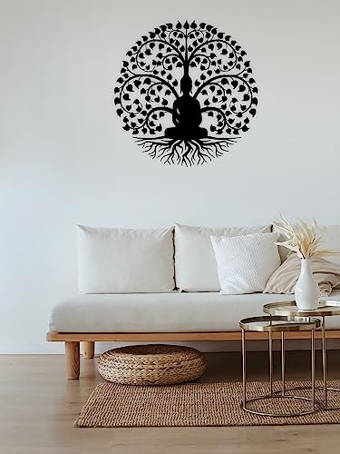 Image of METSY Metal Buddha Tree Wall Art Black in Round Shape for home & office Decoration | Metal Wall Art | Wall Decor Items