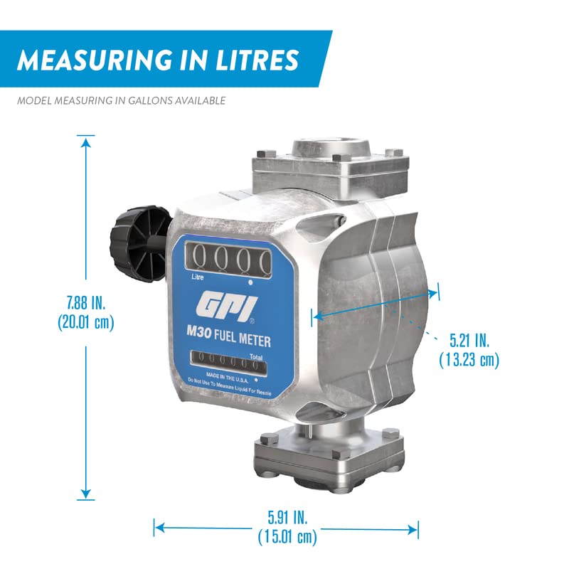 Miniatura 2 de GPI Medidor de combustible mecánico M30 en litros, 19 a 114 lmin, entradasalida NPT de 34", pantalla de 4 dígitos, precisión del 2% (165100-04)