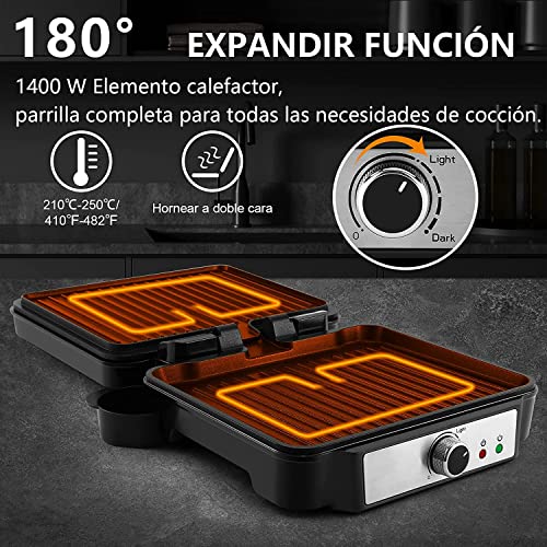 Tiastar Plancha Grill Doble 1800W - Placas Antiadherentes - Apertura 180º - Acero Inoxidable