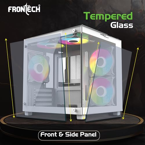 Image of Frontech Magnus Gaming Computer Cabinet | Micro-ATX /Mini-ITX | Tempered Glass Front & Side Panel | 5 RGB Fans | USB 3.0 | Liquid Cooling Support (FT-4384, White)