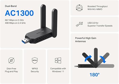 Mercusys MA32H, AC1300 Mbps, Çift Bant, USB 3.0, Yüksek Çekim Güçlü Wi-Fi 5 USB Adaptör