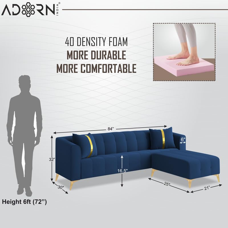 Image of Adorn India Premium Mystic - 3 Years Warranty - L Shape 5 Seater Sofa Set Velvet Suede Fabric - Blue