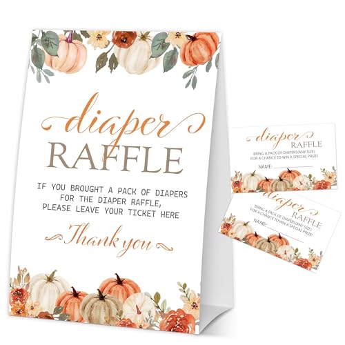 GOLRMC Thanksgiving Diaper Raffle Tickets Fall Pumpkin Baby Shower Raffle Tickets for Gender Reveal Party Games Autumn Baby Shower Decorations 1 Sign & 50 Guess Cards-A04