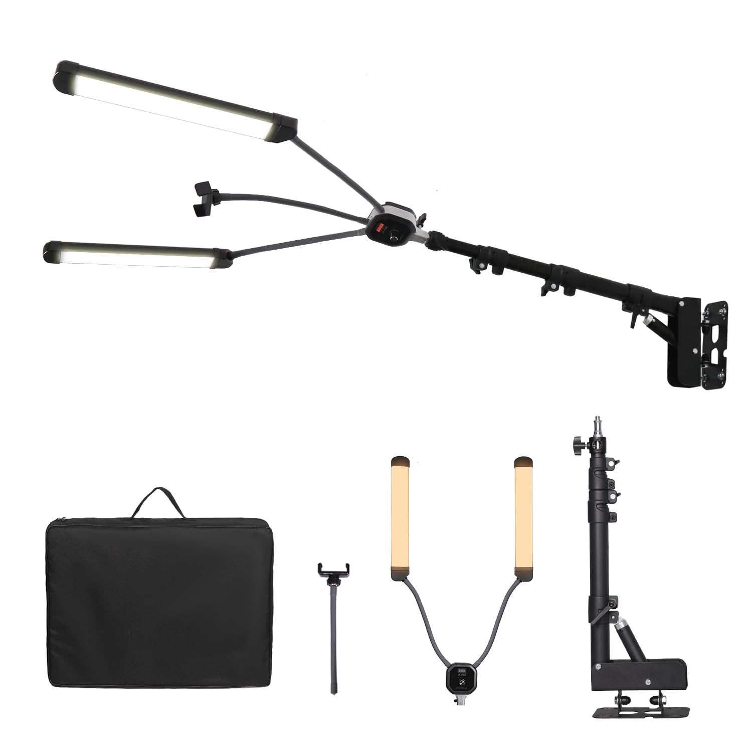 50W Lumière Dimmable LED A Double Bras avec Bras de Perche Support Mural Triangle 110cm Kit d'Eclairage Photographique pour Maquillage, En Direct,Lampe de Tatouage,Vidéo de Studio,Cils,Beauté