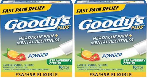 Image of Goody's Headache Relief Plus Mental Alertness Powder, with Aspirin and Caffeine, Strawberry Citrus Flavor, 16 Count (Pack of 2)