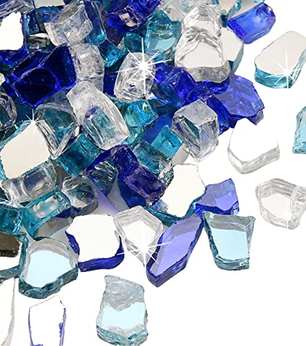 Grisun 10 Pound Fire Glass for Fire Pit - 1/2 inch Reflective Fire Glass Rocks, Decorative for Fireplace and Fire Table, Blend of Cobalt Blue, Caribbean Blue and Platinum