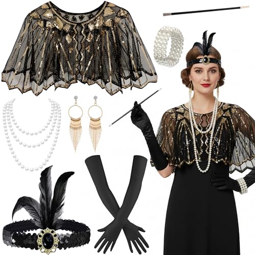 Xietaea 9-teiliges 20er Jahre Accessoires Damen - 1920er Flapper Great Gatsby Set Stirnband Handschuhe Halskette Ohrringe Charleston 1920s Zubehör Karneval Vintage Party Halloween