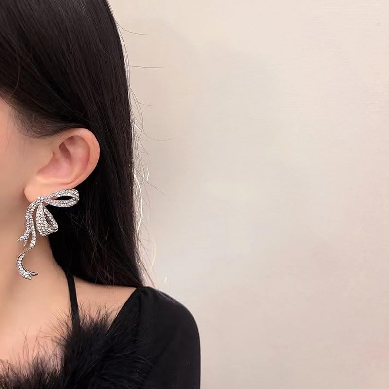 Crystal Bow Stud Earrings Full Rhinestone Bowknot Ribbon Dangle Earrings Shining Butterfly Knot Tassel Earrings Women Party Wedding Jewelry Gifts - Image 4