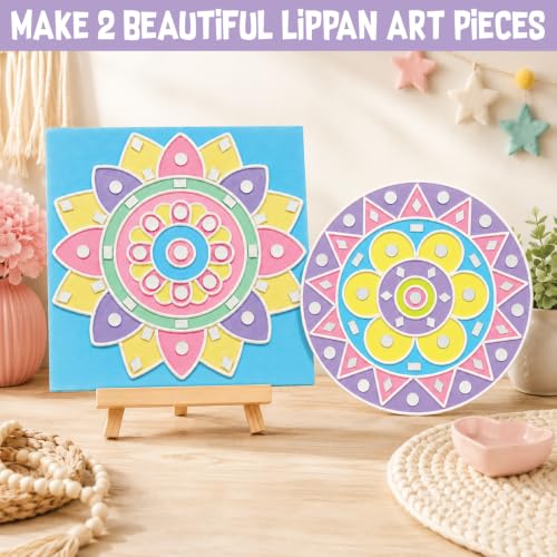 Image of Kalakaram Lippan Art Kit | Painting & Coloring Art Kit | DIY Wall Decoration Set with 3 MDF Bases 8 inch, Paints, Craft Mirrors, Clay Traditional Painting Art Set for Kids and Adults