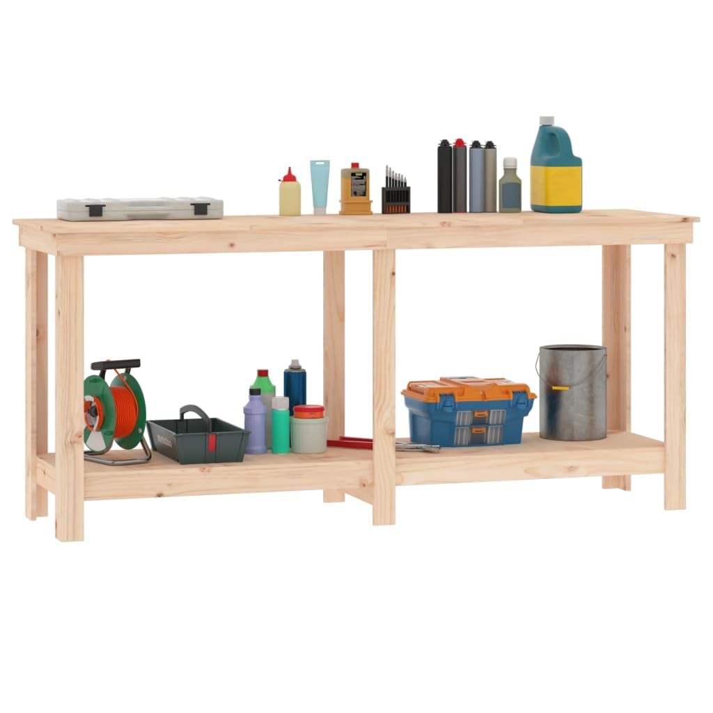 Banco da lavoro in legno di pino massiccio, 180 x 50 x 80 cm, con ripiani, pratico tavolo da lavoro per garage, robusto telaio in legno con molto spazio per attrezzi, incluso supporto da parete per
